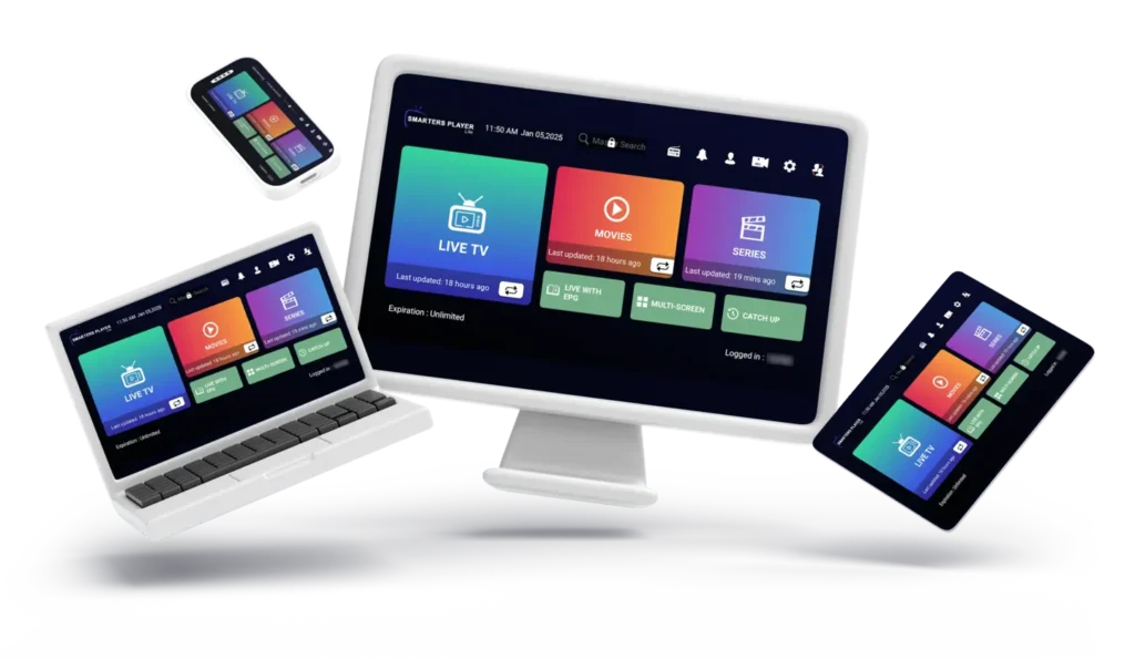 IPTV Smarters Pro running on TV, laptop, tablet and phone